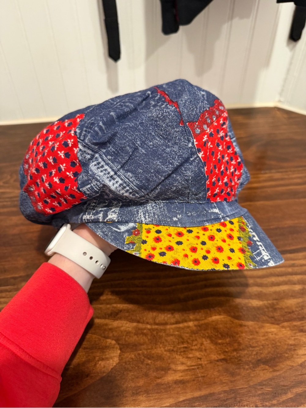 Patchwork Denim-Style Bucket Hat with Red and Yellow Floral Panels
